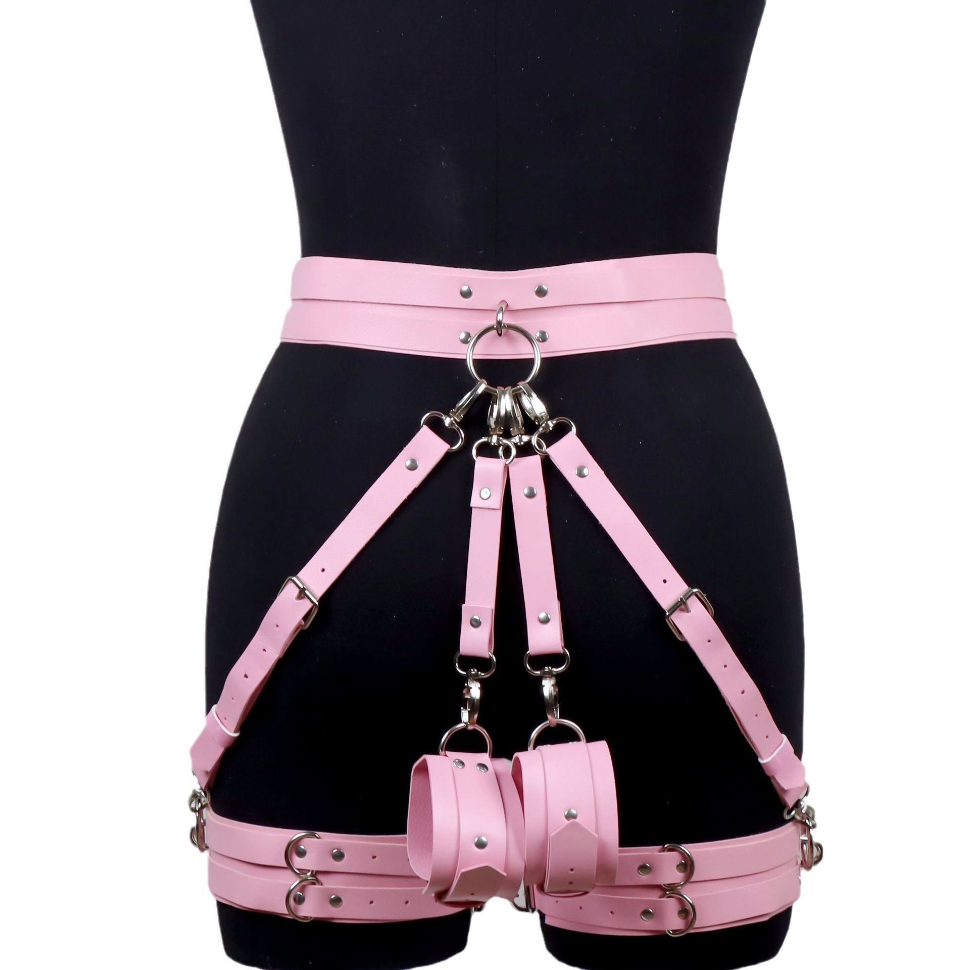 Image of SM Bondage Torture Toys Adult Sex Leather Thigh Cuffs Sex Fun Wear Female Appliances Adjustable Pants - Pink Suit